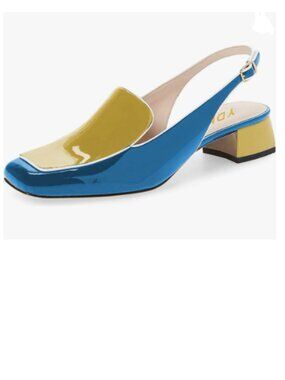YDN Blue and Yellow Square Toe Block Low Heels Slingback Formal Loafer Shoes